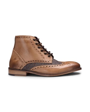 Mens Classic Oxford Tan Leather Gatsby Brogue Ankle Boots with Tweed
