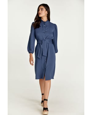 Indigo jurk met lange mouwen en riem in Tencel