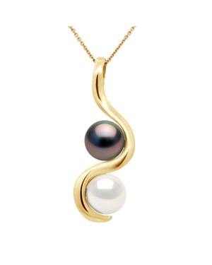 DIADEMA - Pendant You & Me in Yellow Gold - Real Freshwater Pearls and Tahitian Pearls - White