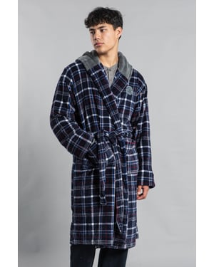 Navy Hooded Check Dressing Gown