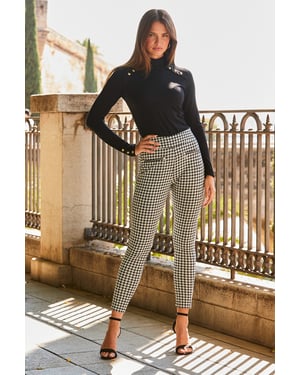 Black & White Dogtooth Print Leggings With Zip Detail Pockets