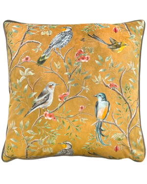 Wylder Tropics Orient Chinoiserie Birds Piped Velvet Feather Filled Cushion