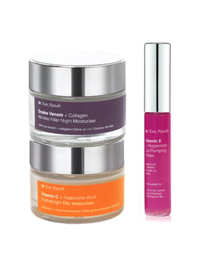 Vitamin C + Hyaluronic Acid Hydrabright Day Moisturiser 50ml + Snake Venom + Collagen Wrinkle Filler Night Moisturiser 50ml + Vitamin E Lip LPumps 8ml