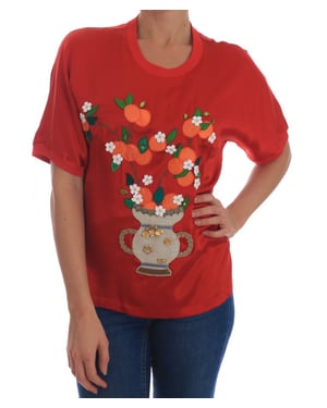 Dolce & Gabbana Dames Rode Zijde Sinaasappel Bloemen Kristallen Blouse
