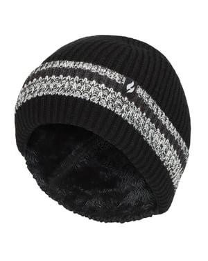 Mens Turnover Cuff Winter Beanie | Värmehållare | Stickad randig termisk mössa - Svart