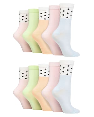 Wildfeet - 10 Pack Ladies Bamboo Crew Socks with Dots, Leopard & Floral Pattern - Spots Pastel