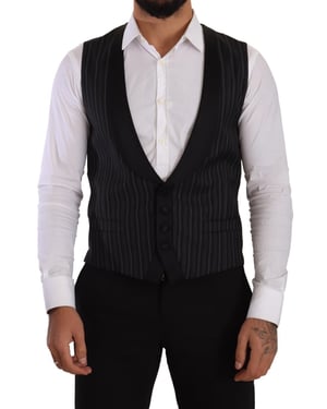 Dolce & Gabbana Heren Zwarte Gestreepte Wol Zijde Gilet