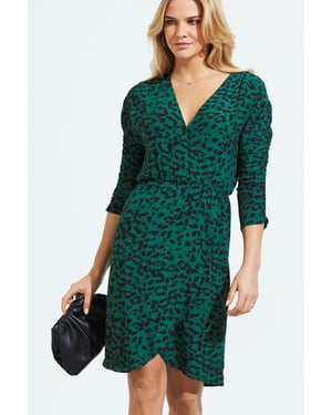 Green Leopard Print Faux Wrap Dress