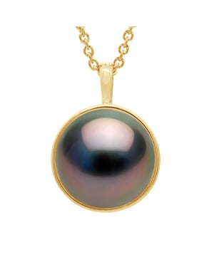 Necklace Beaded Pendant Yellow Gold Surroundings covered with Diamonds - Real Cultured Tahiti Pearl Round 10-11 mm