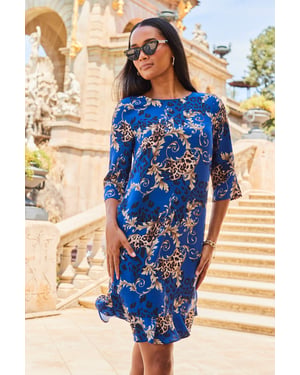 Blue & Gold WOW Print Ruffle Hem Shift Dress