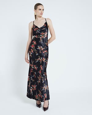 River Island Womens Slip Maxi Dress Black Floral Cowl Neck