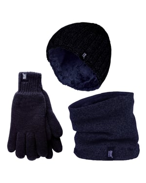 Mens Hat, Neck Warmer & Gloves Set | Heat Holders | Winter Knitted Warm Accessories Set - Navy