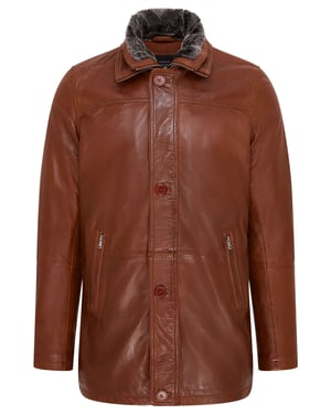 Mens Tan Mid-Length Warm Leather Trench Coat - Varkaus