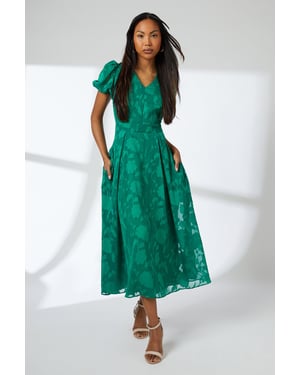 Green Floral Jacquard Puff Sleeve Midi Dress