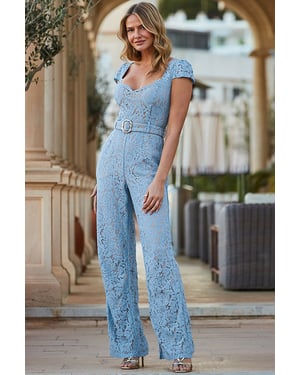 Petite Powder Blue Luxe Lace Belted Jumpsuit