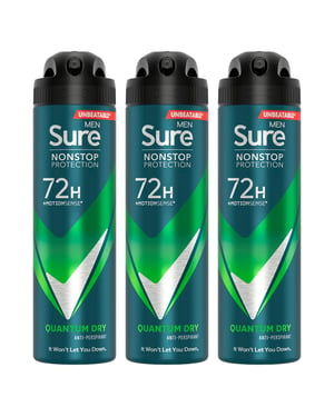 Sure Men Nonstop Protection 72H Anti-Perspirant Deodorant Quantum Dry 150ml, 3pk