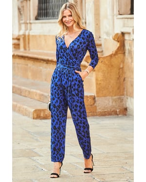 Blue Animal Print Wrap Front Tapered Leg Jumpsuit With Pockets