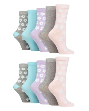 Wildfeet - 10 Pack Ladies Bamboo Crew Socks with Dots, Leopard & Floral Pattern - Multicolour