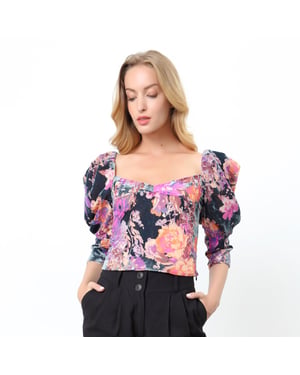 Topstijl 80's met bloemenprint en gezwollen mouwen