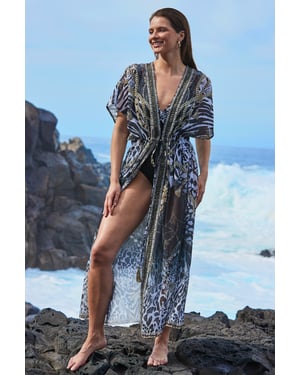 Black Animal Print Embellished Maxi Kaftan