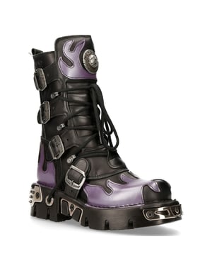New Rock Flame Accented Biker Skull Boots i svart/lila läder - M-591-S5