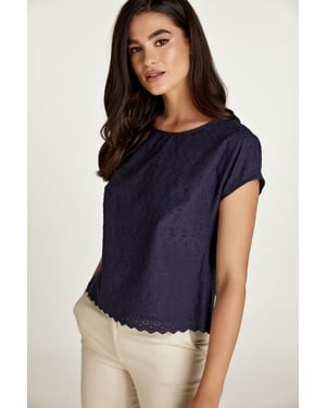 Marine Mouwloze Geborduurde Top