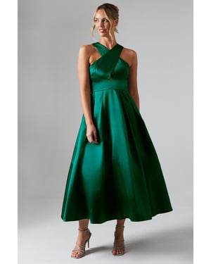 Cross Neck Twill Bridesmaids Dress