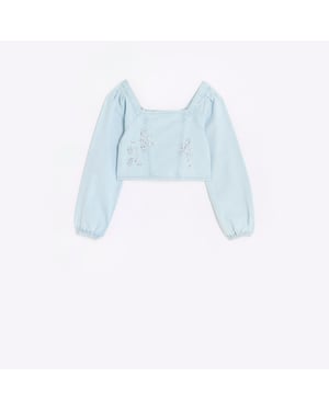 River Island Girls Blouse Blue Embellished Denim Corset