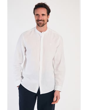White Linen Blend Long Sleeve Button-Up Shirt With Grandad Collar
