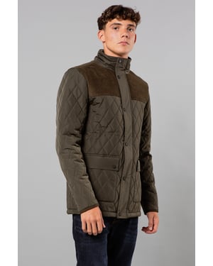 Khaki Diamond Quilted Jacket With Corduroy Detail