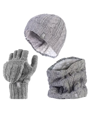 Heat Holders - Womens Thermal Winter Fleece Hat, Neck Warmer and Converter Gloves set - Light Grey