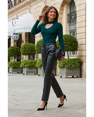 Black Faux Leather Belted Straight Leg Trousers
