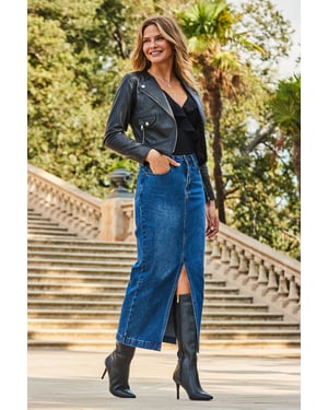 Mid Blue Longline Denim Midi Skirt