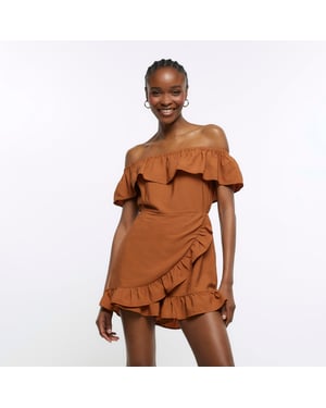 River Island Womens Playsuit Rust Bardot Frill