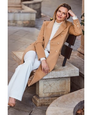 Camel Double Breasted Longline Coat With Gold Button Detail