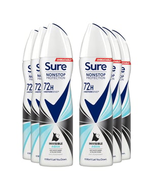 Sure Women Anti-Perspirant 72H Nonstop Protection Deo Invisible Aqua 150ml, 6pk