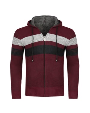 Vinterövergångskofta för män med huva Fodrad Chunky Stickad Varm jacka med huva Burgundy