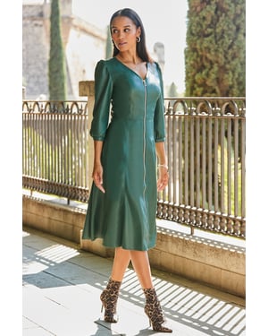 Emerald Green Zip Front Faux Leather Midi Dress