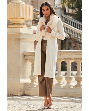 Cream Faux Fur Collar Longline Cardigan