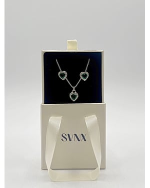 Green Diamante Heart Necklace and Earrings Set in Silver