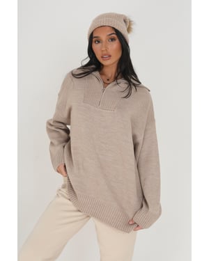 Stone Oversized Zip Collar Knitted Jumper