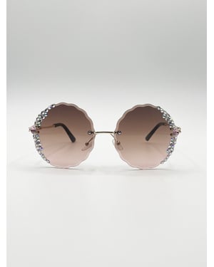 Oversized Round Frameless Sunglasses with Crystal Detail in Brown