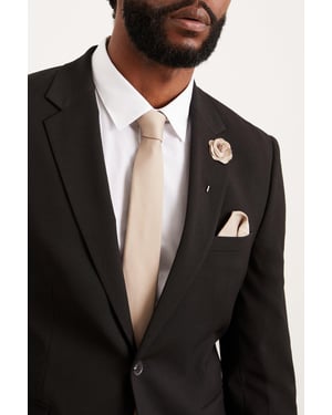 Slim Champagne Wedding Plain Tie Set With Matching Lapel Pin