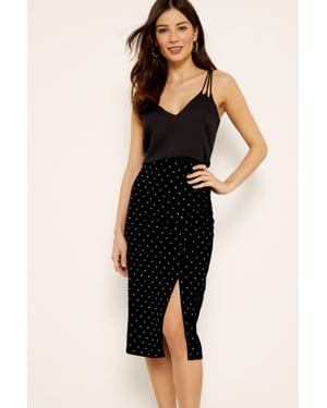Black Velvet Diamante Split Detail Skirt