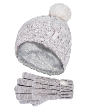 Värmehållare - Set med mössa och handskar i Bobble Pom Pom för flickor | Mössa med vändbar manschett och kabelstickade handskar - Oatmeal Twist