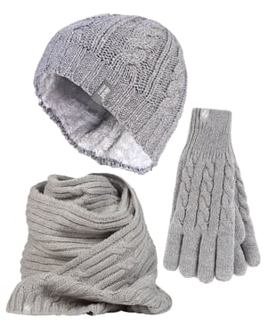 Ladies Knitted Hat Scarf & Gloves Set | Heat Holders | Womens Fleece Lined Thermal Cold Weather Set for Winter - Light Grey