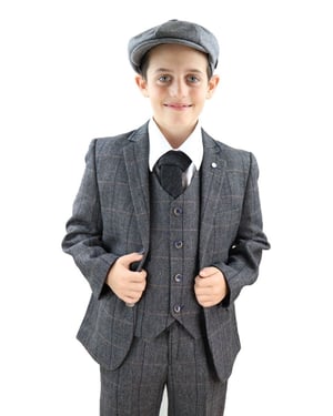 Boys 3 Piece Charcoal Grey Herringbone Tweed Check Classic  Suit