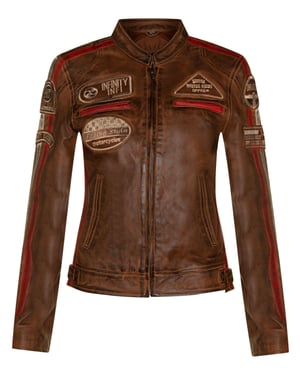 Womens Leather Biker Racing Badges Jacket-Agadir