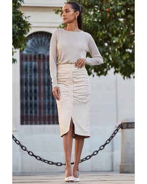 Ecru Leather Button Front Midi Skirt