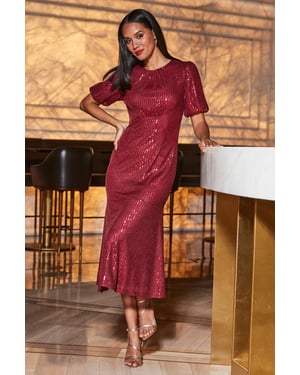 Red Sequin Fit & Flare Puff Sleeve Midi Dress